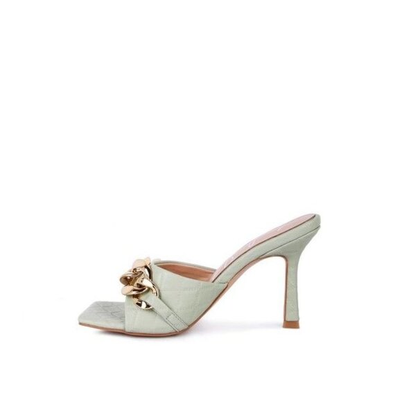 Brittany Embellished Sandals (Mint) – Valeria MERMAID Quilted Metal Chain Heeled Sandals - Mint  Size-6